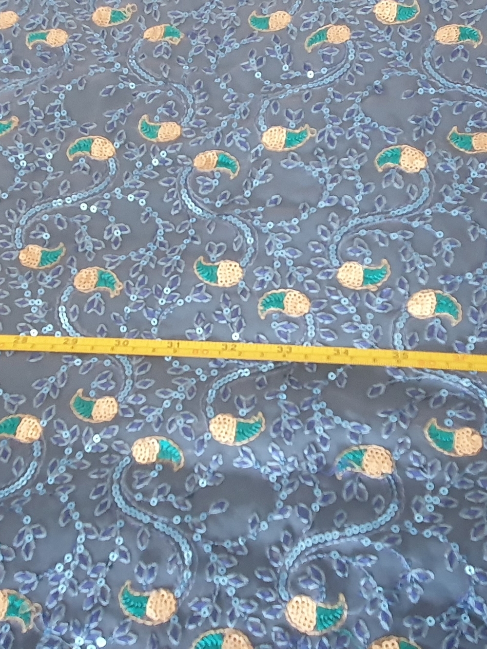 Pakistani Party WEAR! Embroidered Blue Mesh Fabric with Teal and Cream Accents